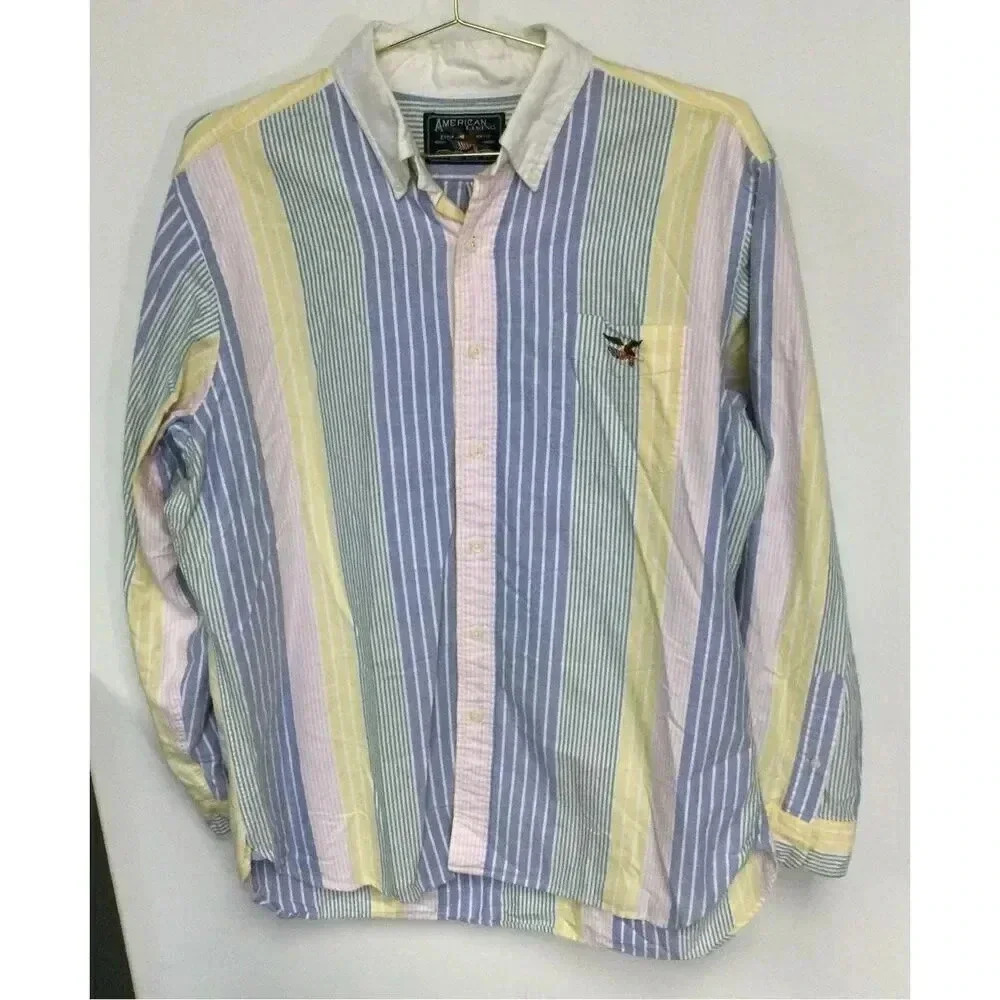 Vintage American Living Mens Blue‎ White Yellow Striped Button Up Shirt Large